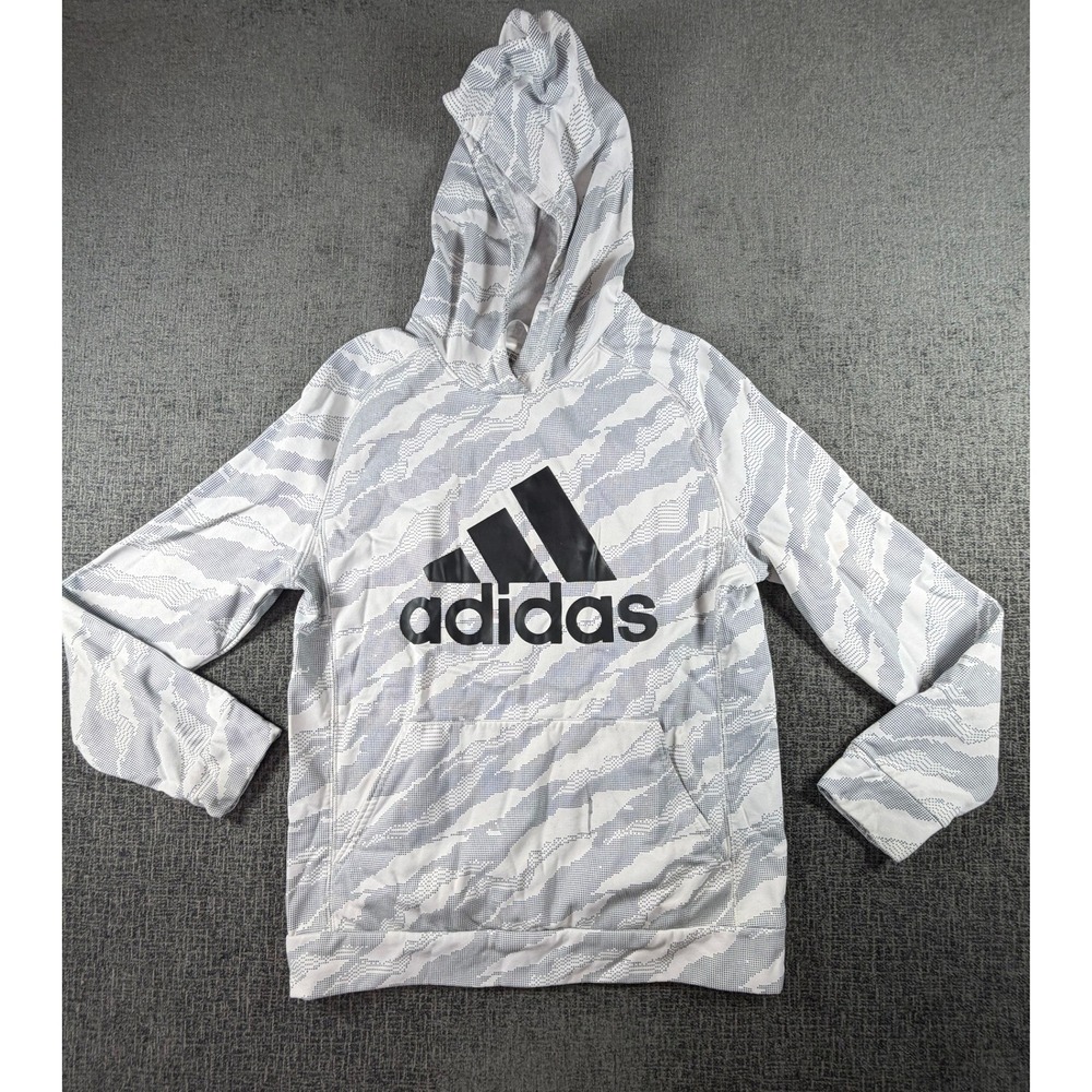 Adidas Boys XL 18/20 Hoodie White Grey Camo Tiger Stripe Pullover Sweatshirt